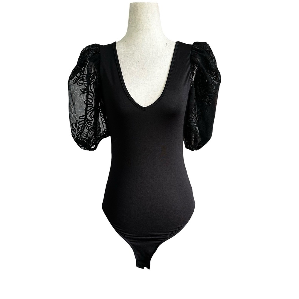 Zara Black Bodysuit Balloon Mesh Sleeve Size Small Black V-Neck | 13-31